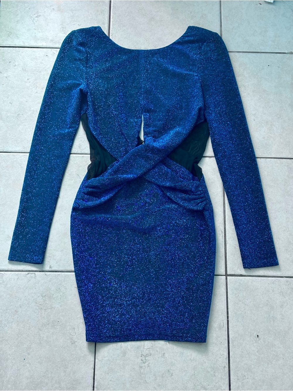 Blue Glitter Long-Sleeve Twist-Front Bodycon Dress